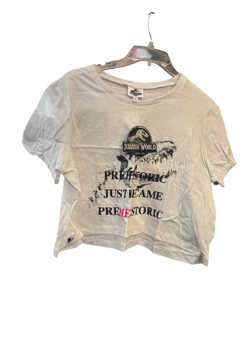 Jurassic World PreHERstoric White Graphics Crop T-shirt - Women's Size L Juniors